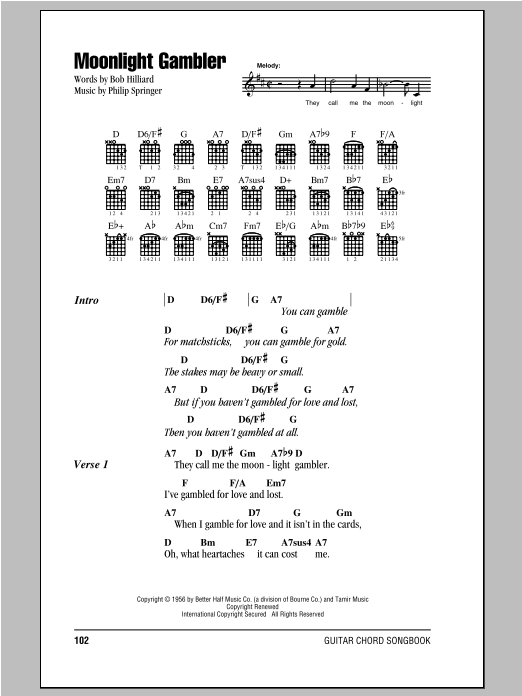 Download Frankie Laine Moonlight Gambler Sheet Music and learn how to play Lyrics & Chords PDF digital score in minutes