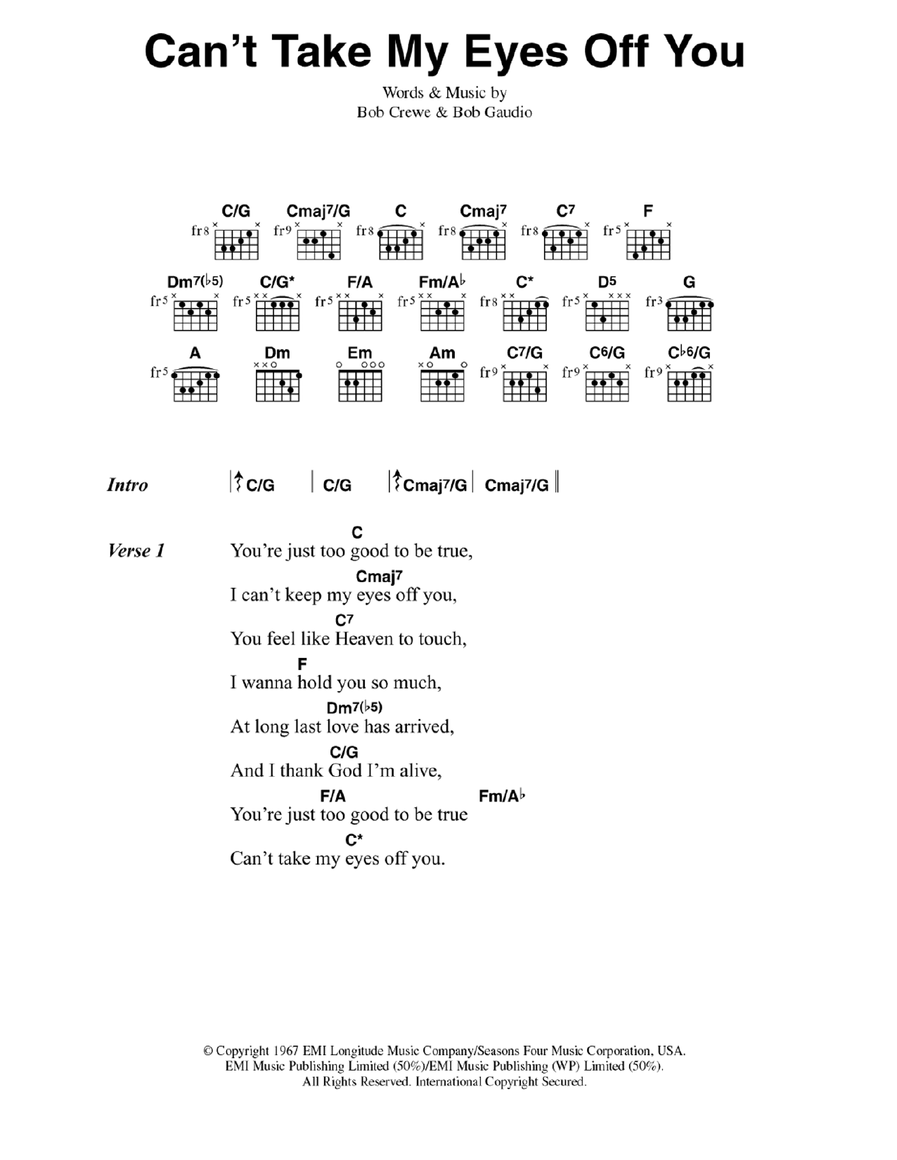 Download Frankie Valli & The Four Seasons Can't Take My Eyes Off You Sheet Music and learn how to play Guitar Chords/Lyrics PDF digital score in minutes