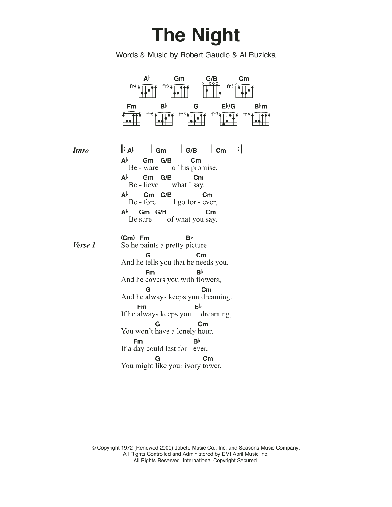 Download Frankie Valli & The Four Seasons The Night Sheet Music and learn how to play Lyrics & Chords PDF digital score in minutes