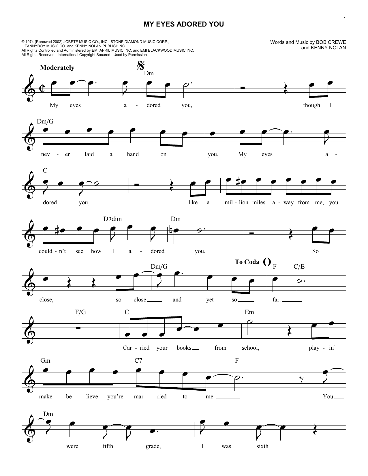 Download Frankie Valli My Eyes Adored You Sheet Music and learn how to play Melody Line, Lyrics & Chords PDF digital score in minutes