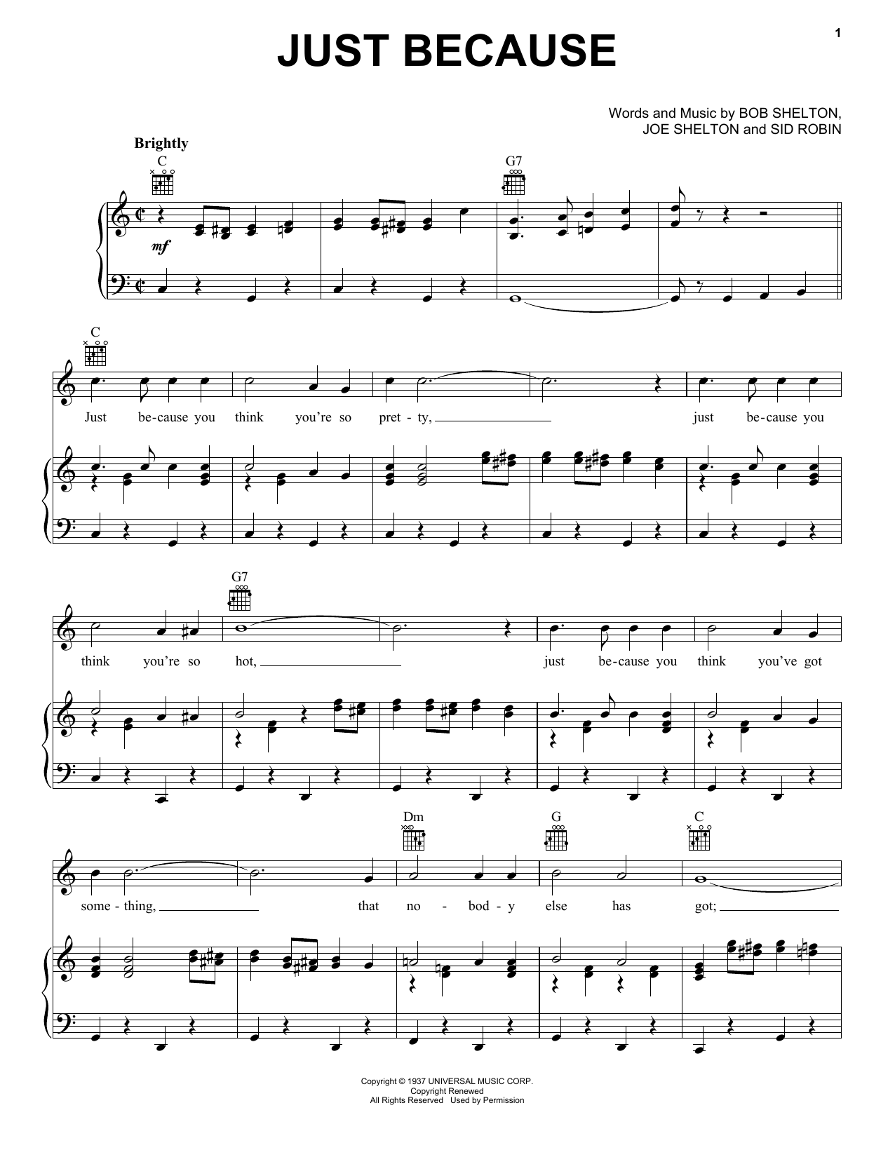Download Frankie Yankovic Just Because Sheet Music and learn how to play Piano, Vocal & Guitar (Right-Hand Melody) PDF digital score in minutes