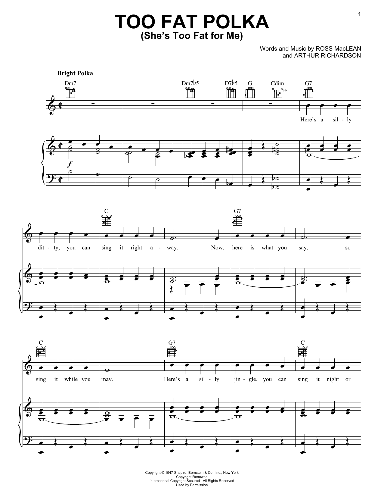 Download Frankie Yankovic Too Fat Polka (She's Too Fat For Me) Sheet Music and learn how to play Lead Sheet / Fake Book PDF digital score in minutes