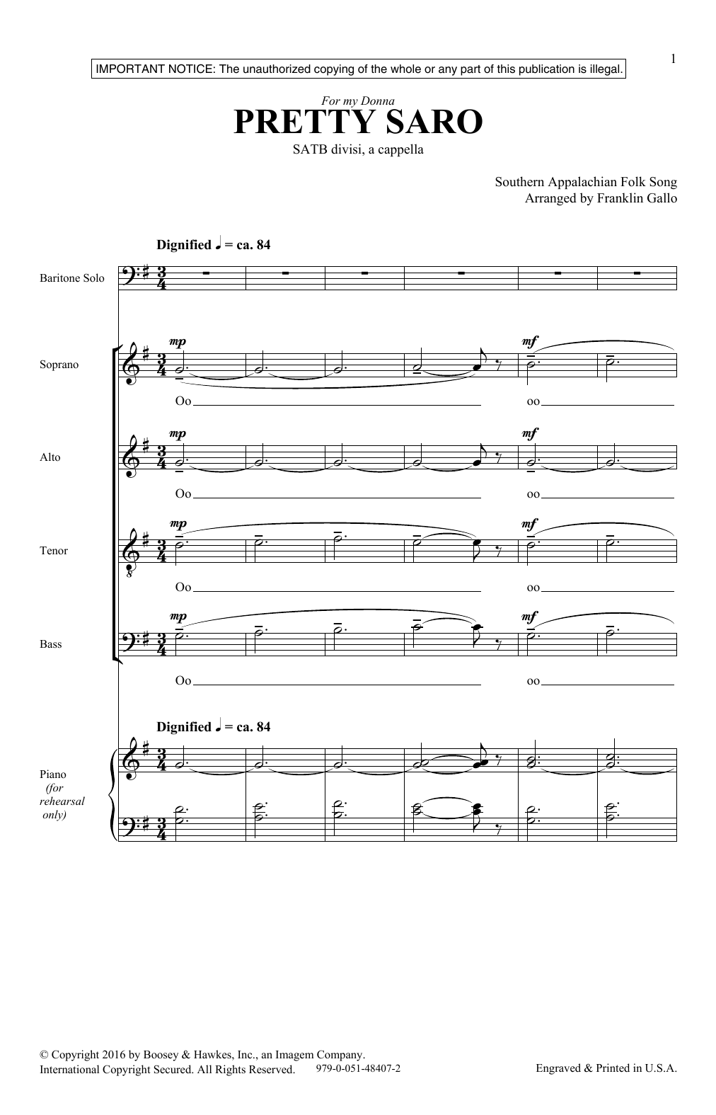 Download Franklin Gallo Pretty Saro Sheet Music and learn how to play SATB PDF digital score in minutes