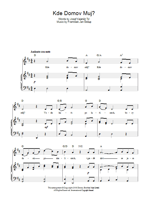 Download Frantisek Jan Skroup Kde Domov Muj? (Czech Republic National Anthem) Sheet Music and learn how to play Piano, Vocal & Guitar (Right-Hand Melody) PDF digital score in minutes