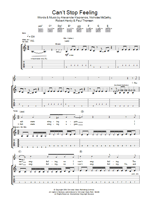 Download Franz Ferdinand Can't Stop Feeling Sheet Music and learn how to play Guitar Tab PDF digital score in minutes