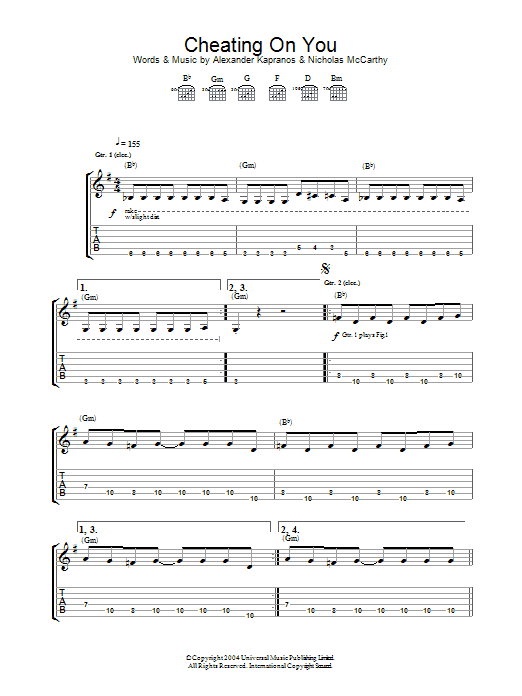 Download Franz Ferdinand Cheating On You Sheet Music and learn how to play Guitar Tab PDF digital score in minutes
