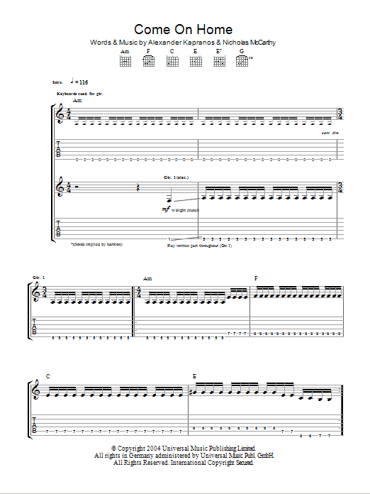 Download Franz Ferdinand Come On Home Sheet Music and learn how to play Guitar Tab PDF digital score in minutes