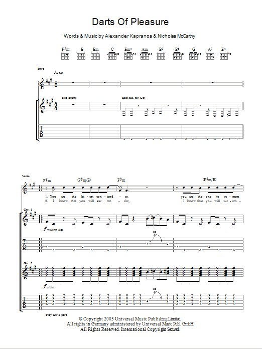 Download Franz Ferdinand Darts Of Pleasure Sheet Music and learn how to play Lyrics & Chords PDF digital score in minutes