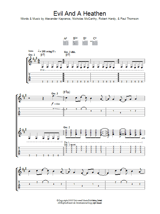 Download Franz Ferdinand Evil And A Heathen Sheet Music and learn how to play Lyrics & Chords PDF digital score in minutes