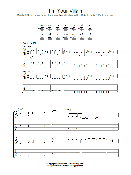 Download Franz Ferdinand I'm Your Villain Sheet Music and learn how to play Guitar Tab PDF digital score in minutes