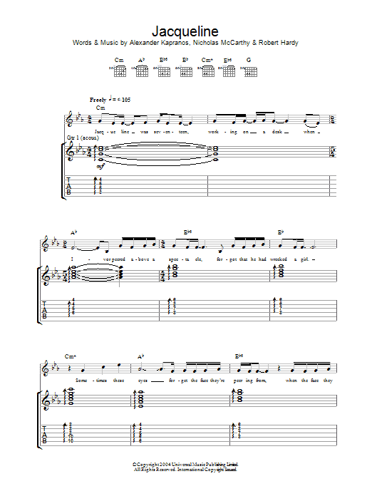 Download Franz Ferdinand Jacqueline Sheet Music and learn how to play Guitar Tab PDF digital score in minutes