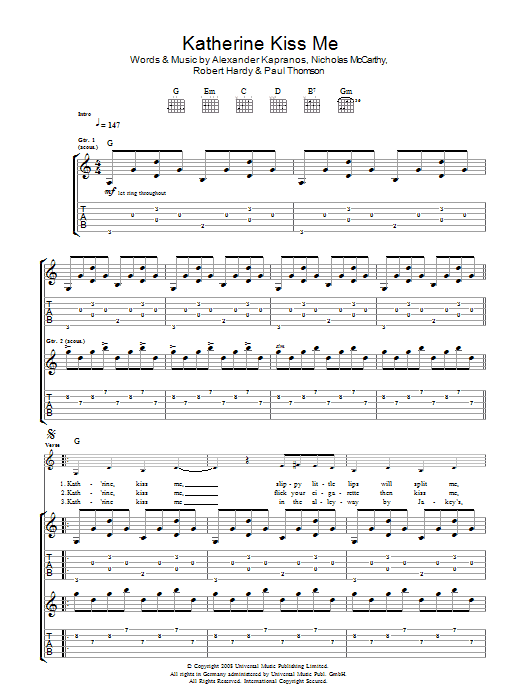Download Franz Ferdinand Katherine Kiss Me Sheet Music and learn how to play Guitar Tab PDF digital score in minutes