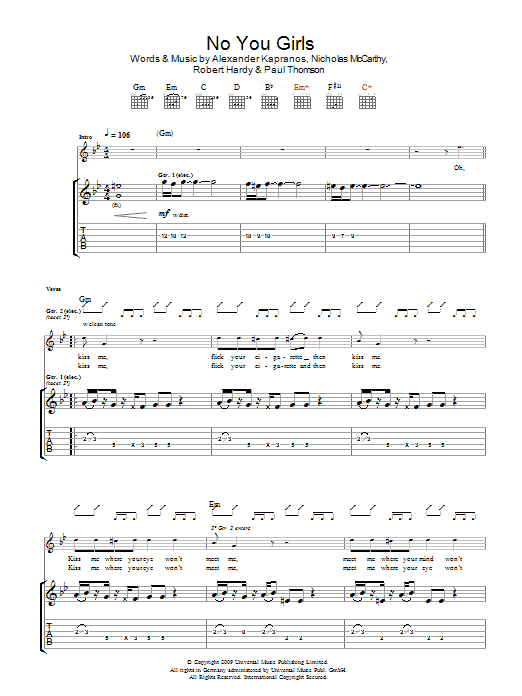 Download Franz Ferdinand No You Girls Sheet Music and learn how to play Lyrics & Chords PDF digital score in minutes