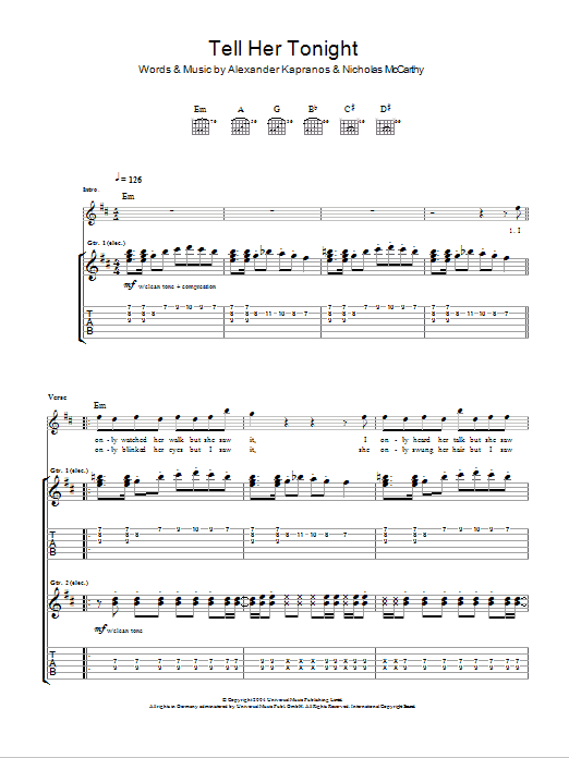 Download Franz Ferdinand Tell Her Tonight Sheet Music and learn how to play Guitar Tab PDF digital score in minutes
