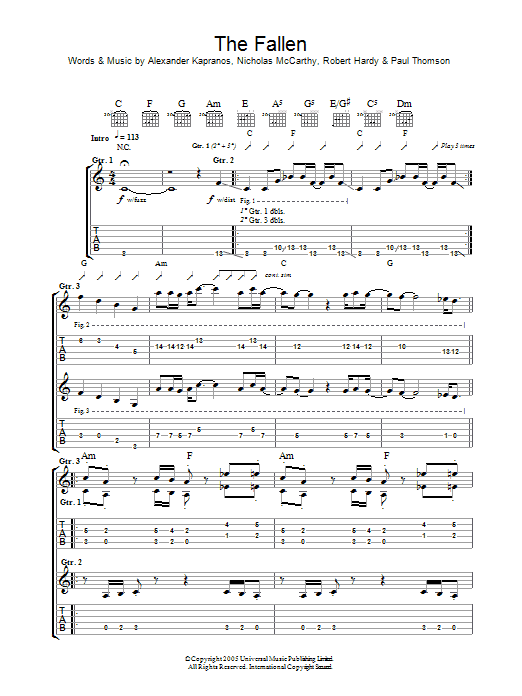 Download Franz Ferdinand The Fallen Sheet Music and learn how to play Guitar Tab PDF digital score in minutes