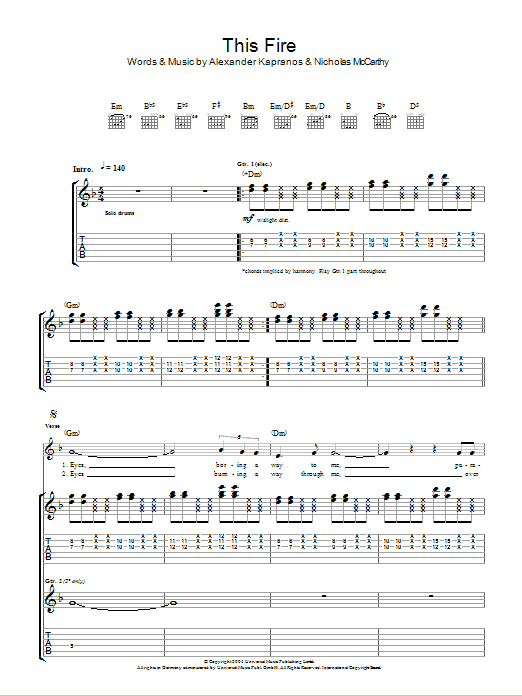 Download Franz Ferdinand This Fire Sheet Music and learn how to play Guitar Chords/Lyrics PDF digital score in minutes