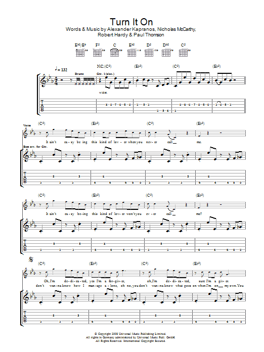 Download Franz Ferdinand Turn It On Sheet Music and learn how to play Guitar Tab PDF digital score in minutes