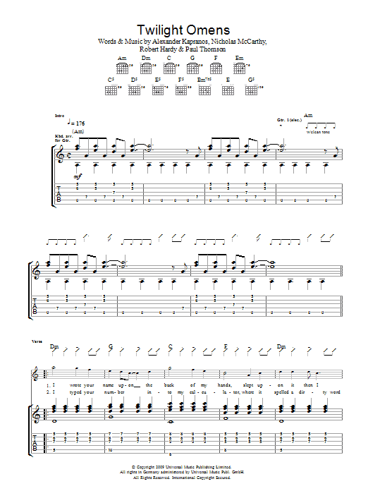 Download Franz Ferdinand Twilight Omens Sheet Music and learn how to play Guitar Tab PDF digital score in minutes