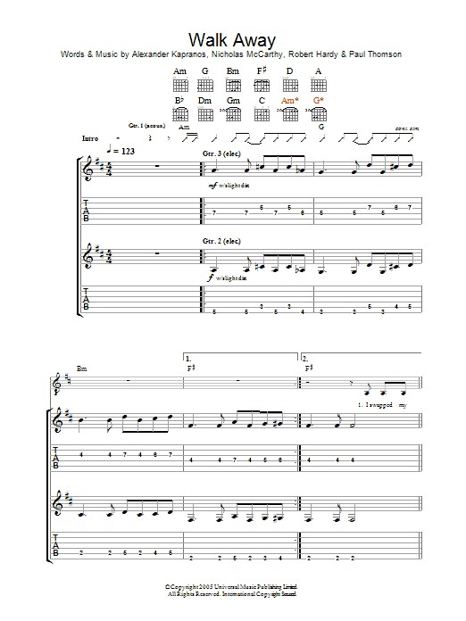 Download Franz Ferdinand Walk Away Sheet Music and learn how to play Guitar Tab PDF digital score in minutes