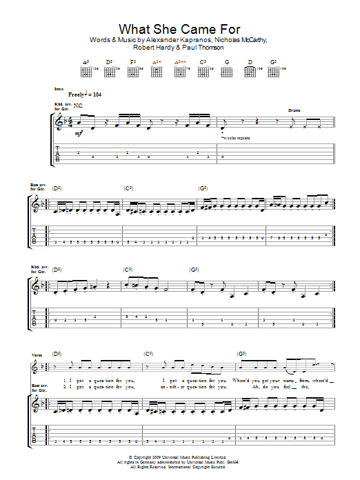 Download Franz Ferdinand What She Came For Sheet Music and learn how to play Guitar Tab PDF digital score in minutes