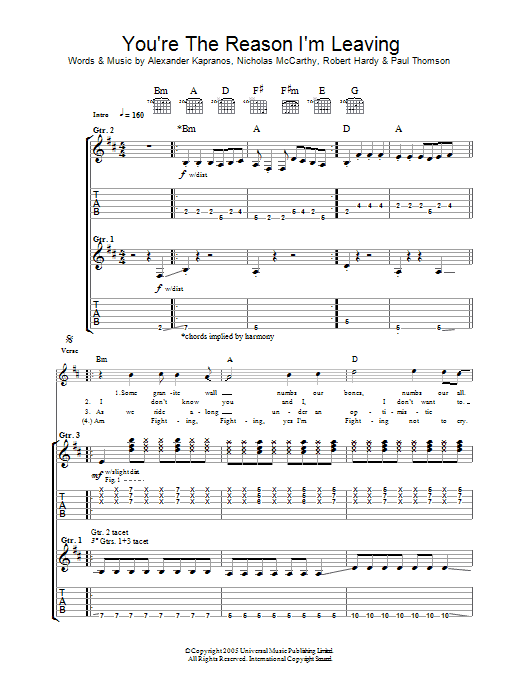 Download Franz Ferdinand You're The Reason I'm Leaving Sheet Music and learn how to play Guitar Tab PDF digital score in minutes
