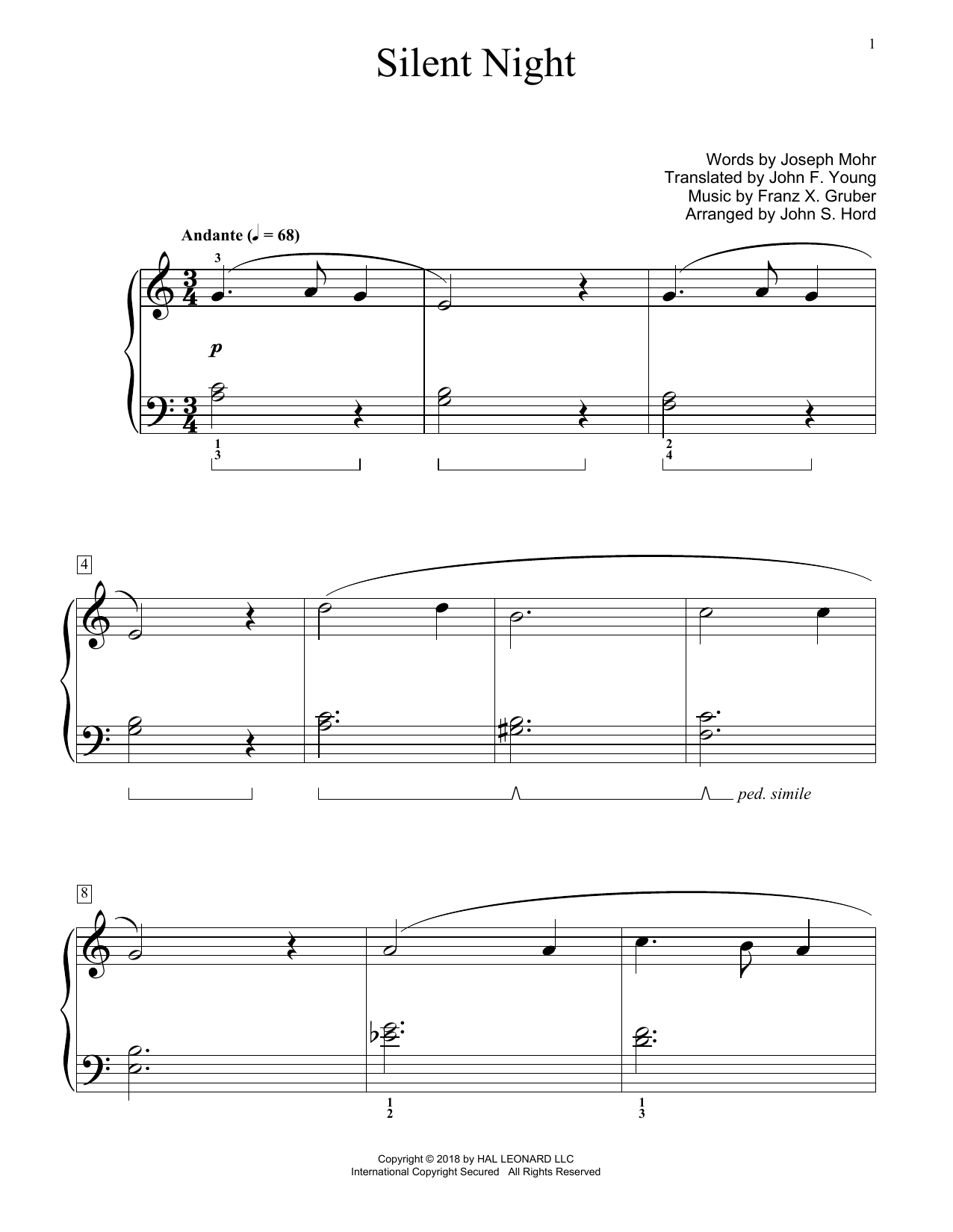 Download Franz Gruber Silent Night (arr. John S. Hord) Sheet Music and learn how to play Educational Piano PDF digital score in minutes