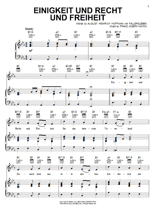 Download Franz Joseph Haydn Einigkeit Und Recht Und Freiheit (German National Anthem) Sheet Music and learn how to play Piano, Vocal & Guitar (Right-Hand Melody) PDF digital score in minutes