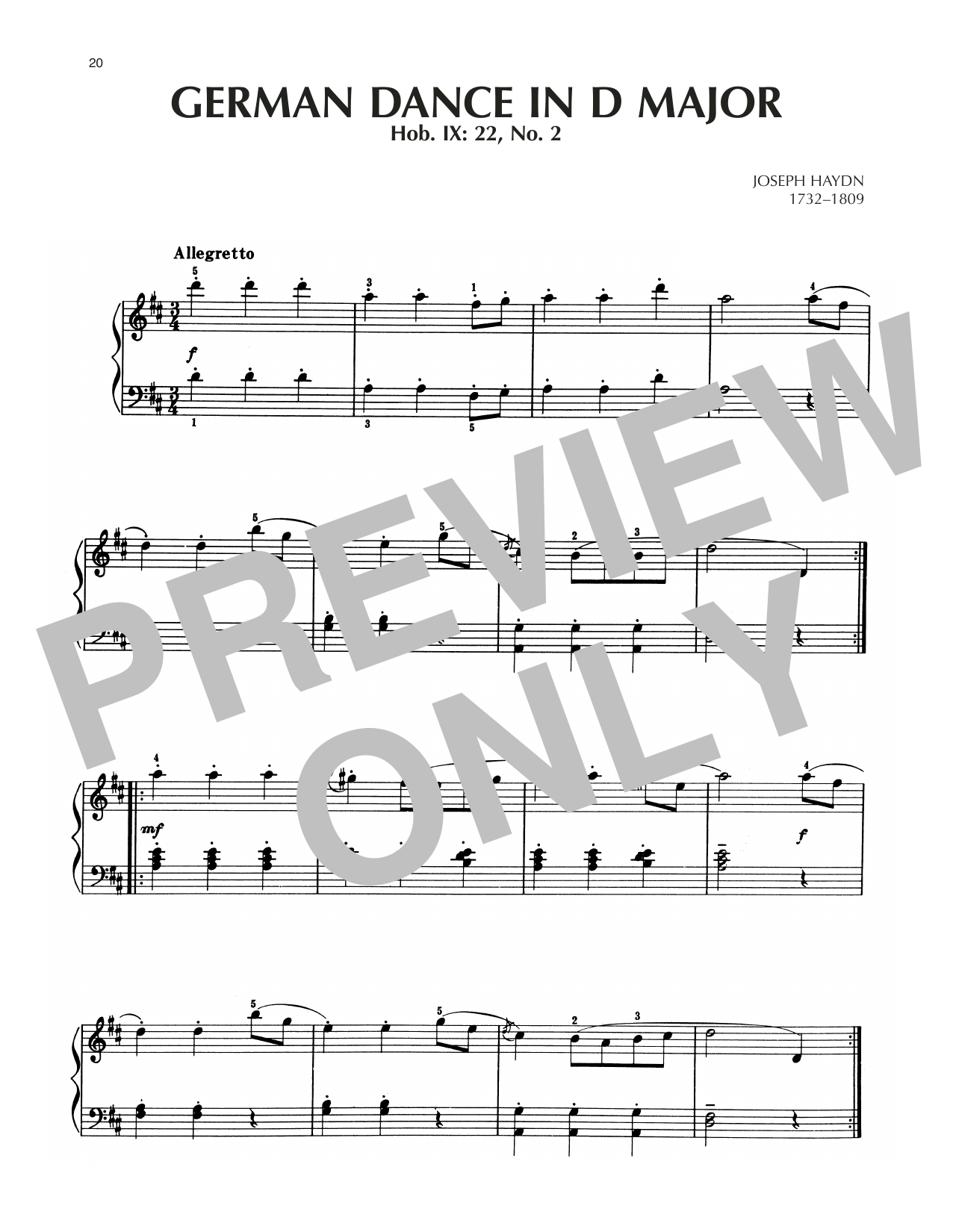 Download Franz Joseph Haydn German Dance In D Major, Hob. IX: 22, No. 2 Sheet Music and learn how to play Piano Solo PDF digital score in minutes