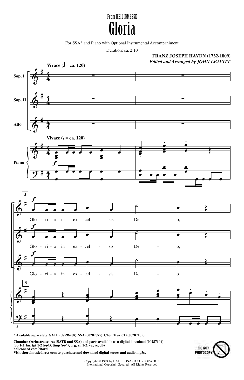 Download Franz Joseph Haydn Gloria (from Heiligmesse) (arr. John Leavitt) Sheet Music and learn how to play SSA Choir PDF digital score in minutes