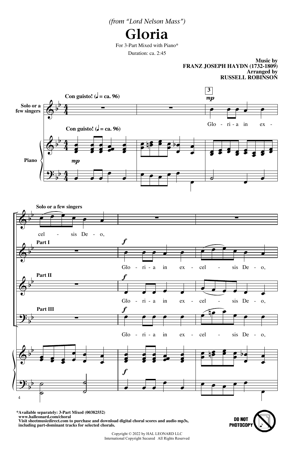 Download Franz Joseph Haydn Gloria (from Lord Nelson Mass) (arr. Russell Robinson) Sheet Music and learn how to play 3-Part Mixed Choir PDF digital score in minutes