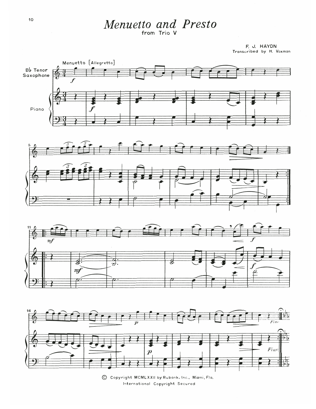 Download Franz Joseph Haydn Menuetto & Presto (Trio V) Sheet Music and learn how to play Tenor Sax and Piano PDF digital score in minutes