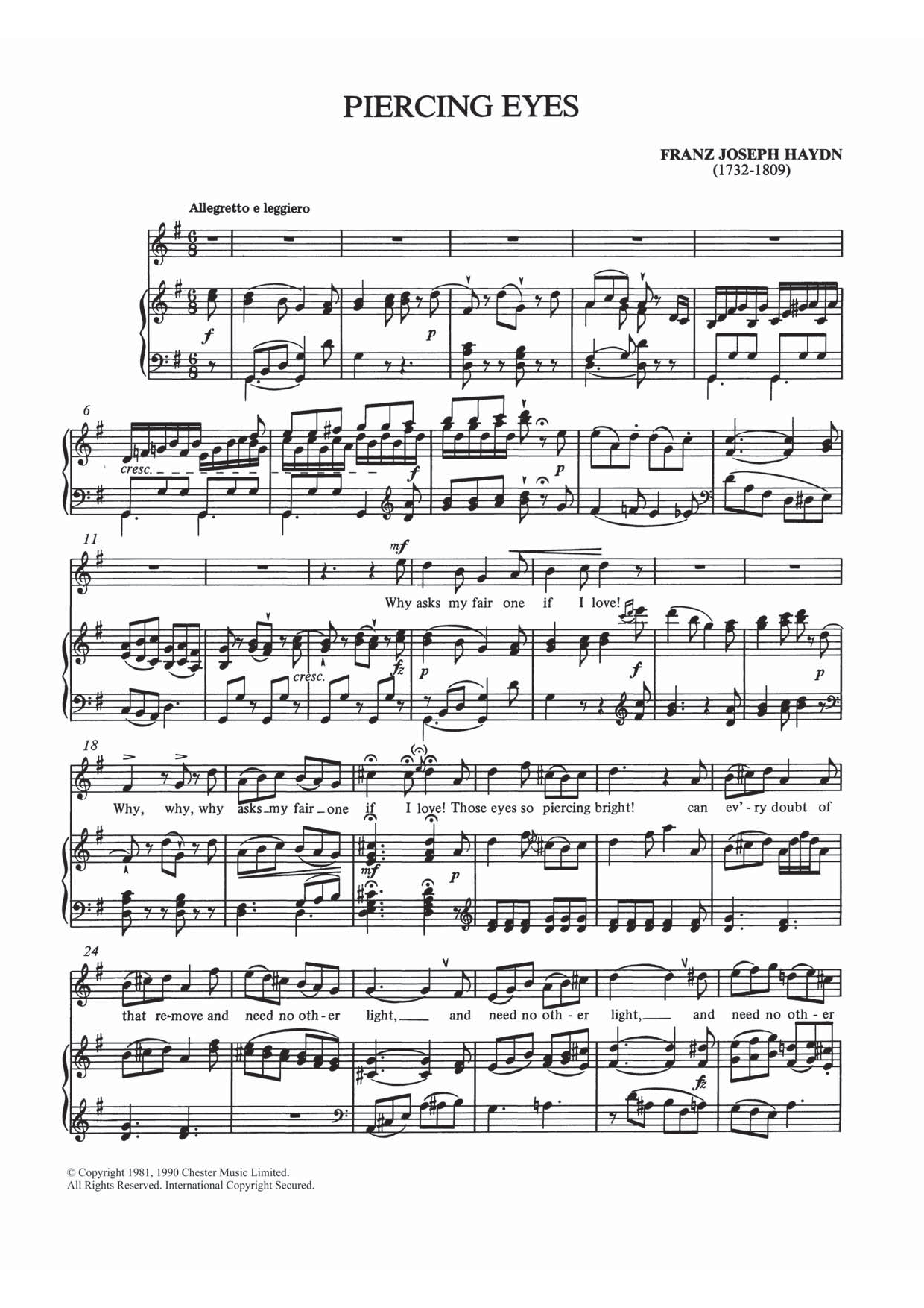 Download Franz Joseph Haydn Piercing Eyes Sheet Music and learn how to play Piano & Vocal PDF digital score in minutes