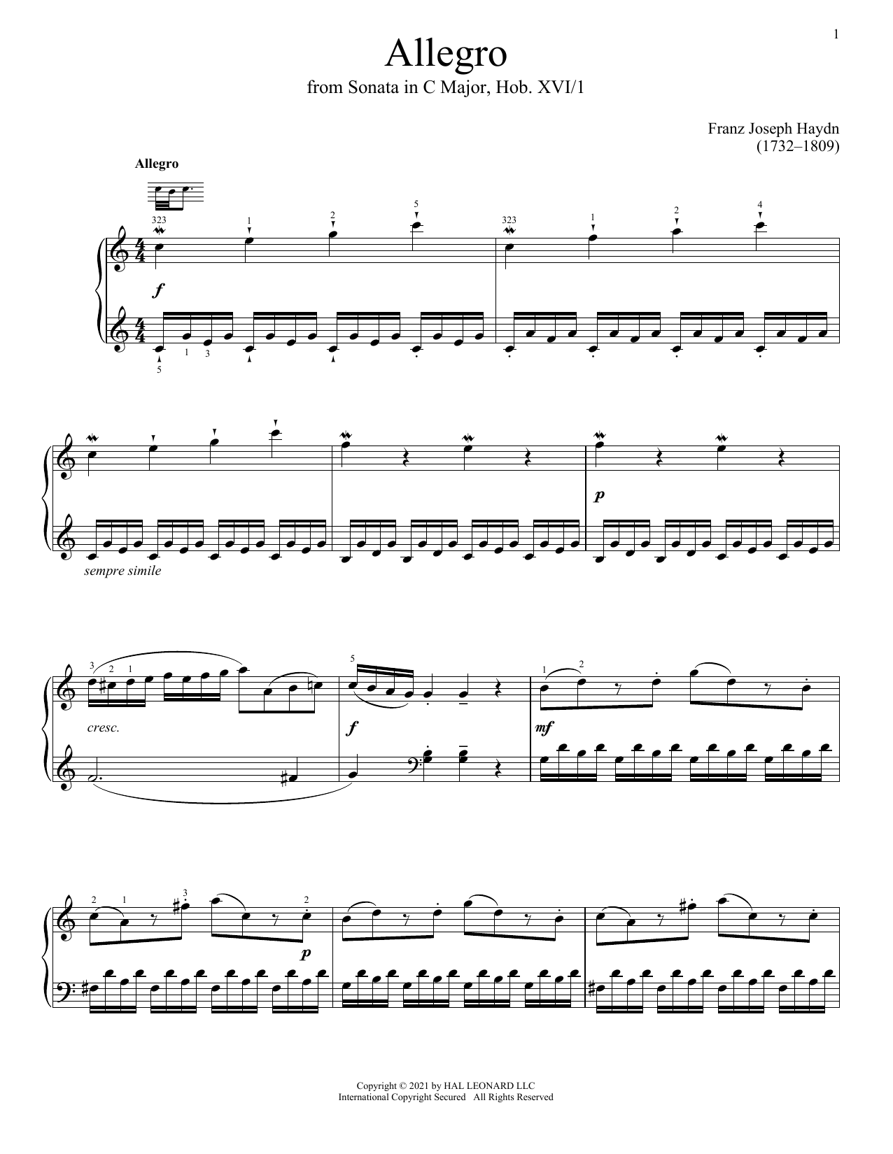 Download Franz Joseph Haydn Sonata In C Major, Hob. XVI: 1 Sheet Music and learn how to play Piano Solo PDF digital score in minutes