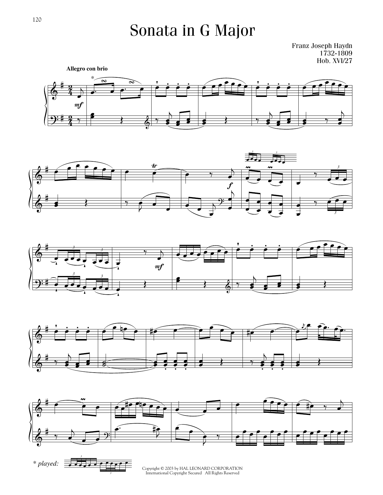 Download Franz Joseph Haydn Sonata In G Major, Hob. XVI: 27 Sheet Music and learn how to play Piano Solo PDF digital score in minutes