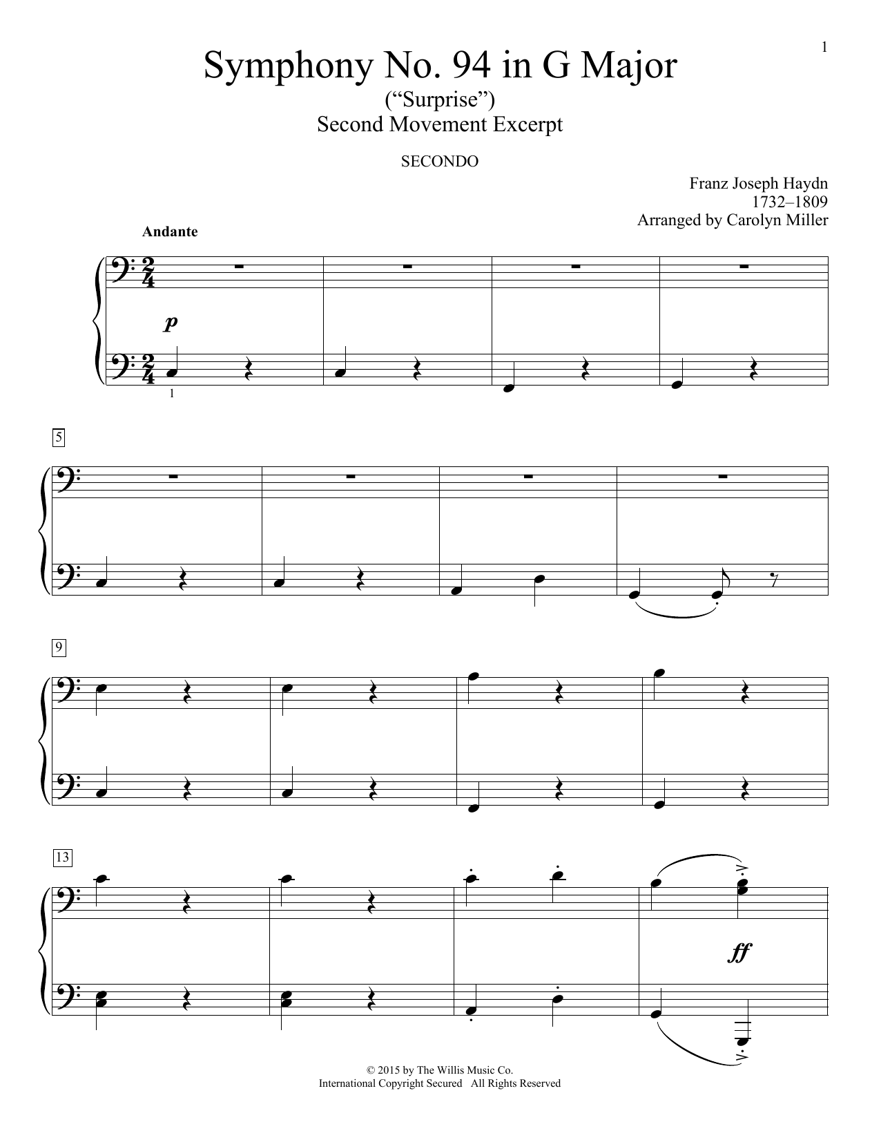 Download Franz Joseph Haydn Symphony No. 94 In G Major (Surprise), Second Movement Excerpt Sheet Music and learn how to play Piano Duet PDF digital score in minutes