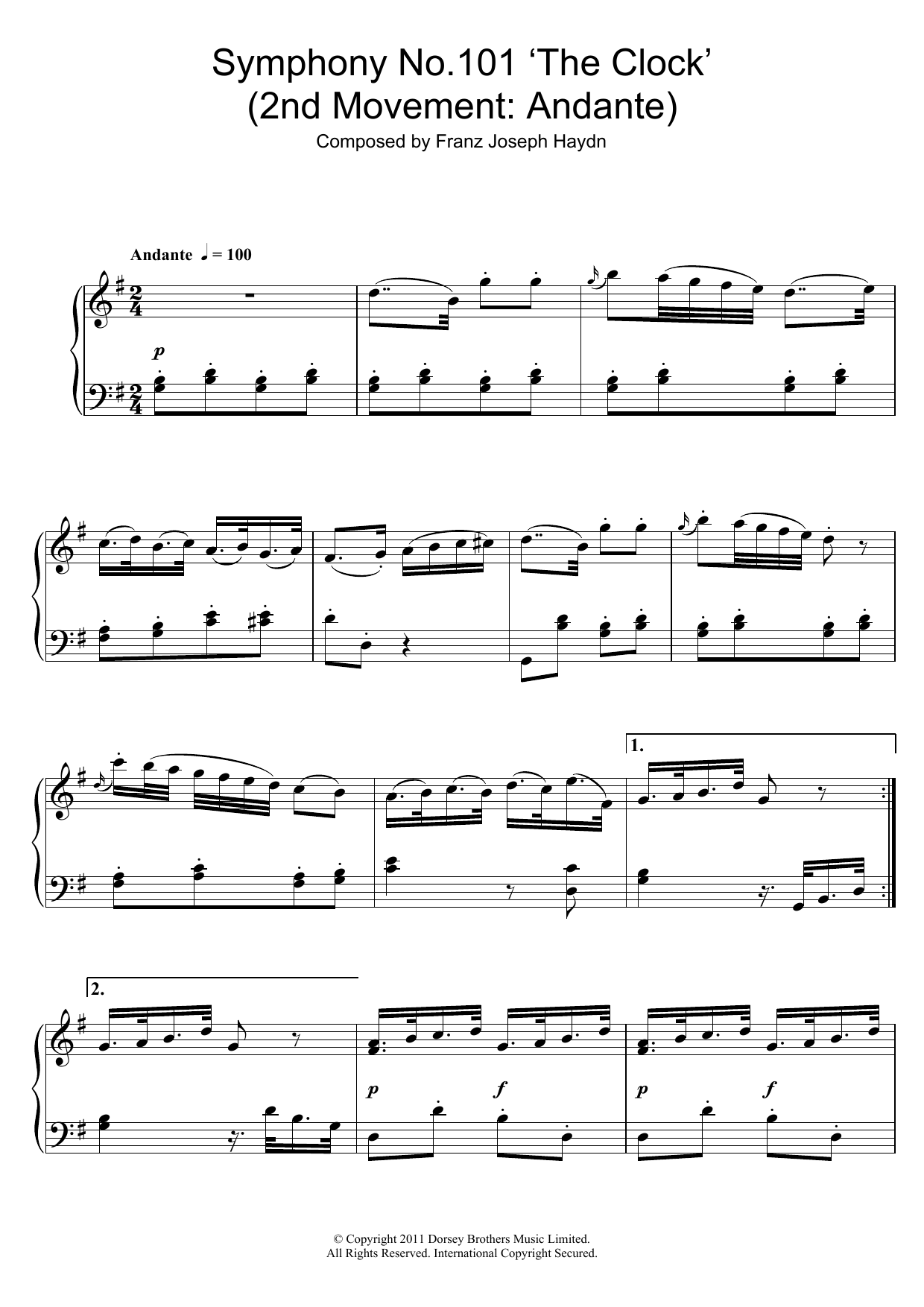 Download Franz Joseph Haydn Symphony No.101 ‘The Clock' (2nd Movement: Andante) Sheet Music and learn how to play Piano PDF digital score in minutes
