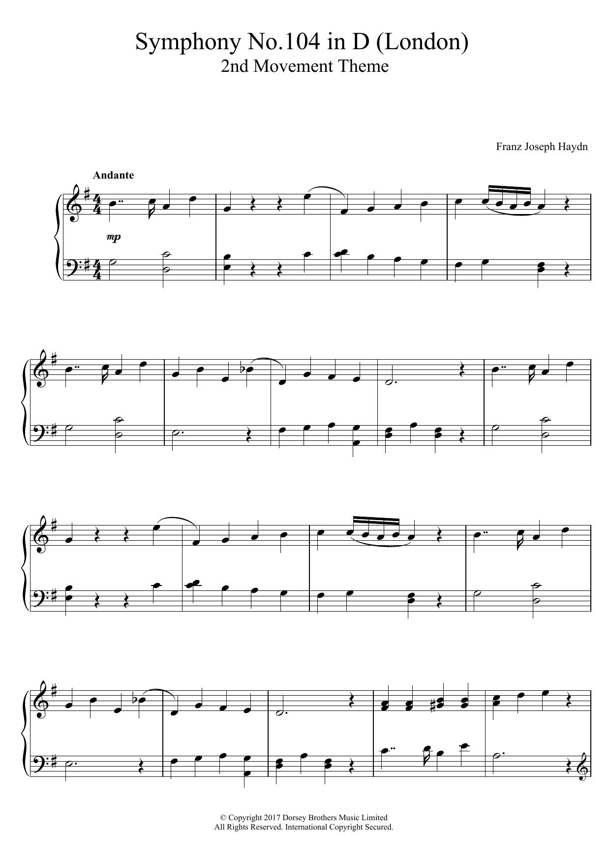 Download Franz Joseph Haydn Symphony No.104 in D (London) 2nd Movement Theme Sheet Music and learn how to play Easy Piano PDF digital score in minutes