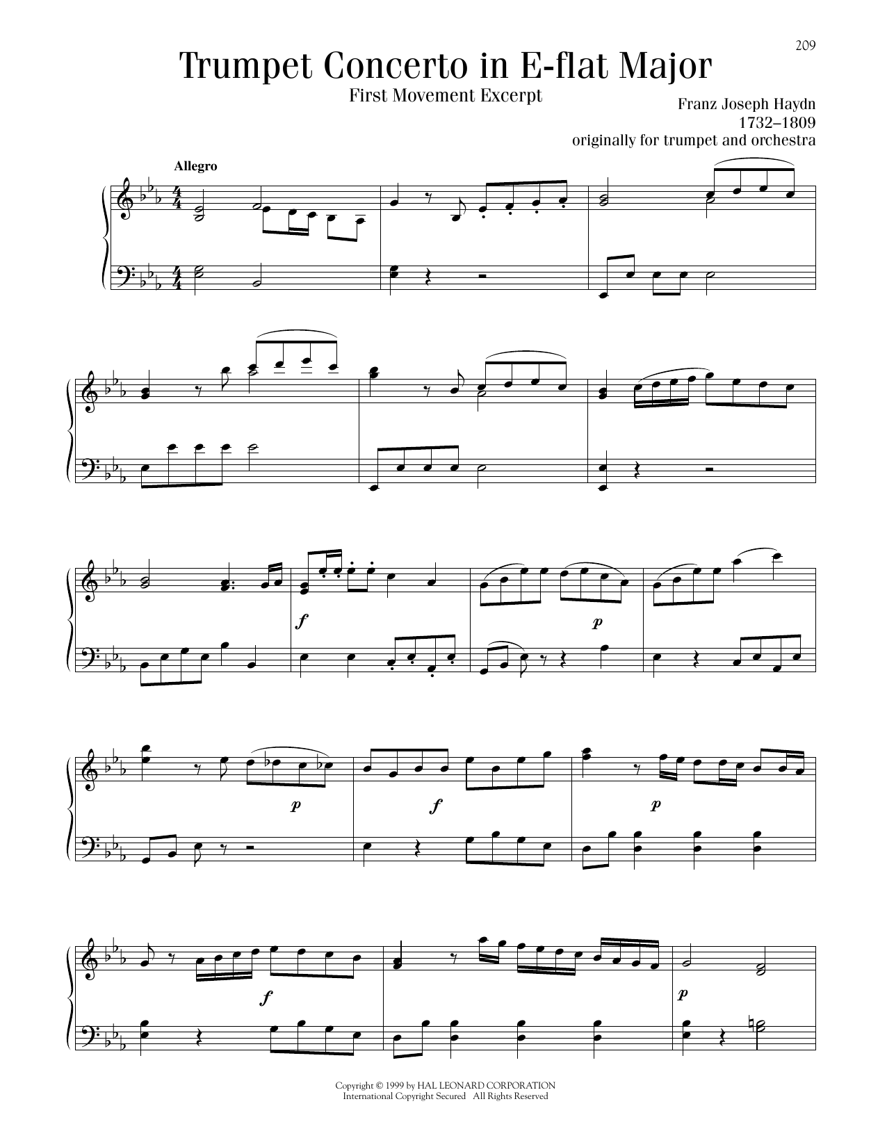 Download Franz Joseph Haydn Trumpet Concerto in E-flat Major, First Movement Excerpt Sheet Music and learn how to play Piano Solo PDF digital score in minutes