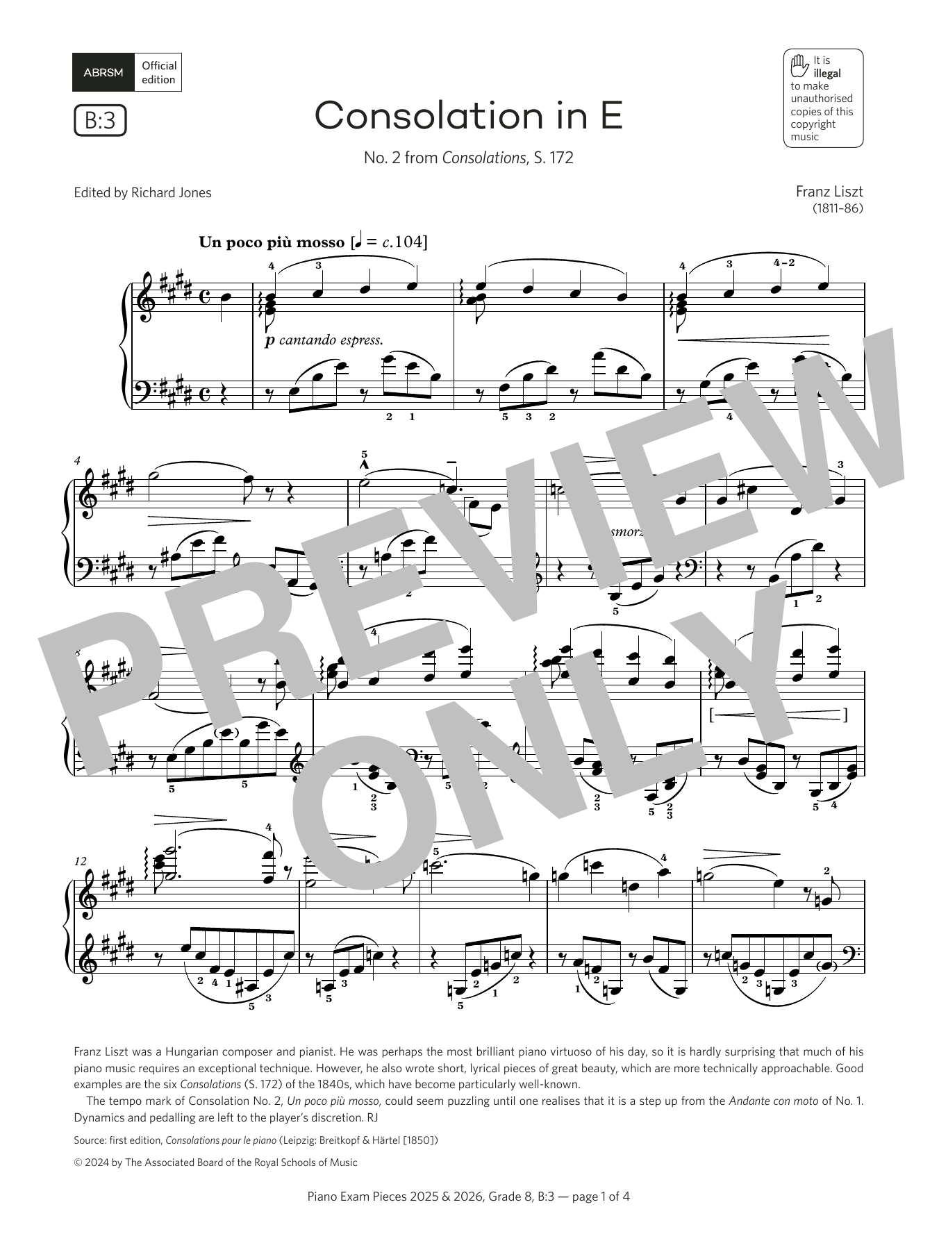 Download Franz Liszt Consolation in E (Grade 8, list B3, from the ABRSM Piano Syllabus 2025 & 2026) Sheet Music and learn how to play Piano Solo PDF digital score in minutes