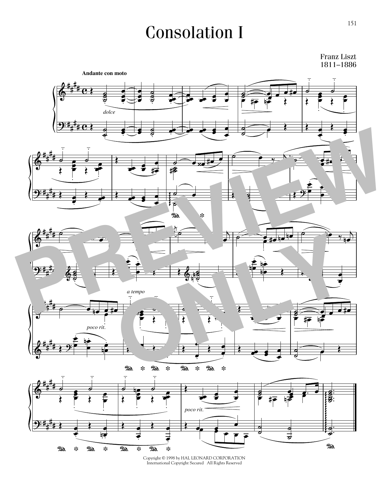 Download Franz Liszt Consolation No. 1 In E Major Sheet Music and learn how to play Piano Solo PDF digital score in minutes