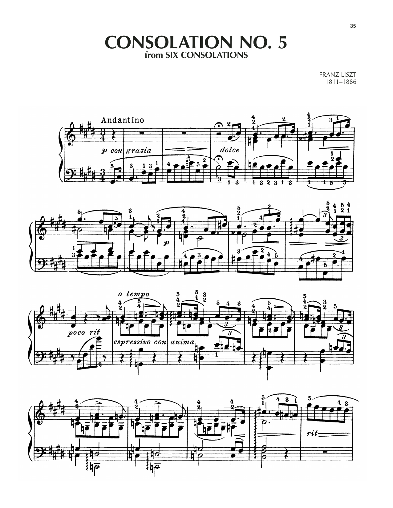 Download Franz Liszt Consolation No. 5 In E Major Sheet Music and learn how to play Piano Solo PDF digital score in minutes