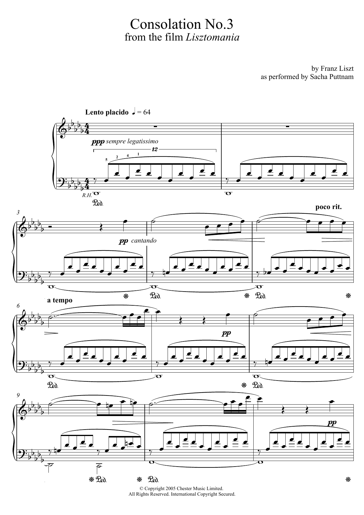 Download Franz Liszt Consolation No.3 In D Flat (as performed by Sacha Puttnam) Sheet Music and learn how to play Piano PDF digital score in minutes