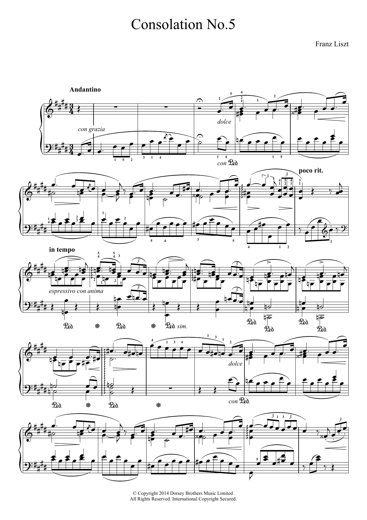 Download Franz Liszt Consolation No.5 Sheet Music and learn how to play Piano PDF digital score in minutes