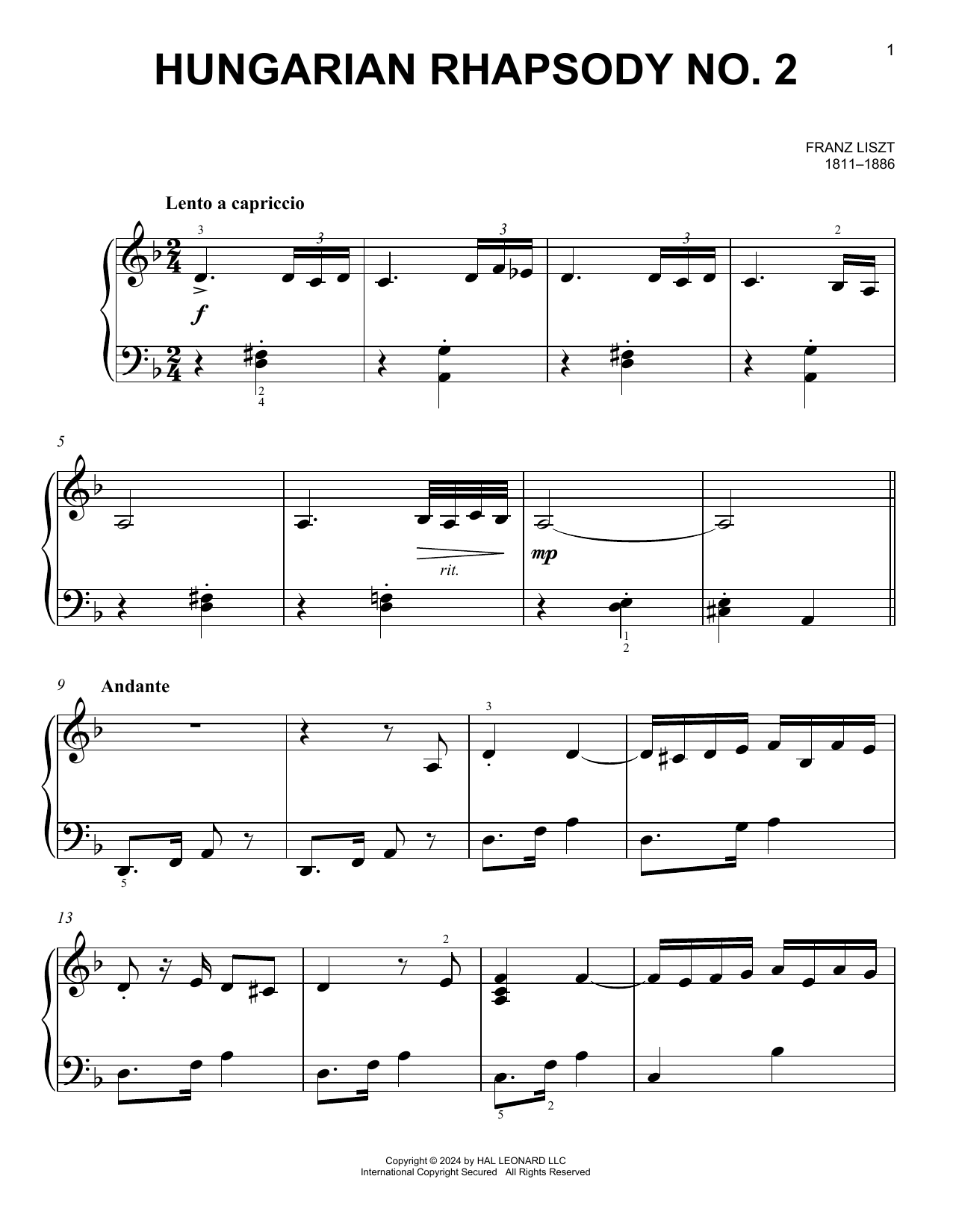 Download Franz Liszt Hungarian Rhapsody No. 2 Sheet Music and learn how to play Easy Piano PDF digital score in minutes