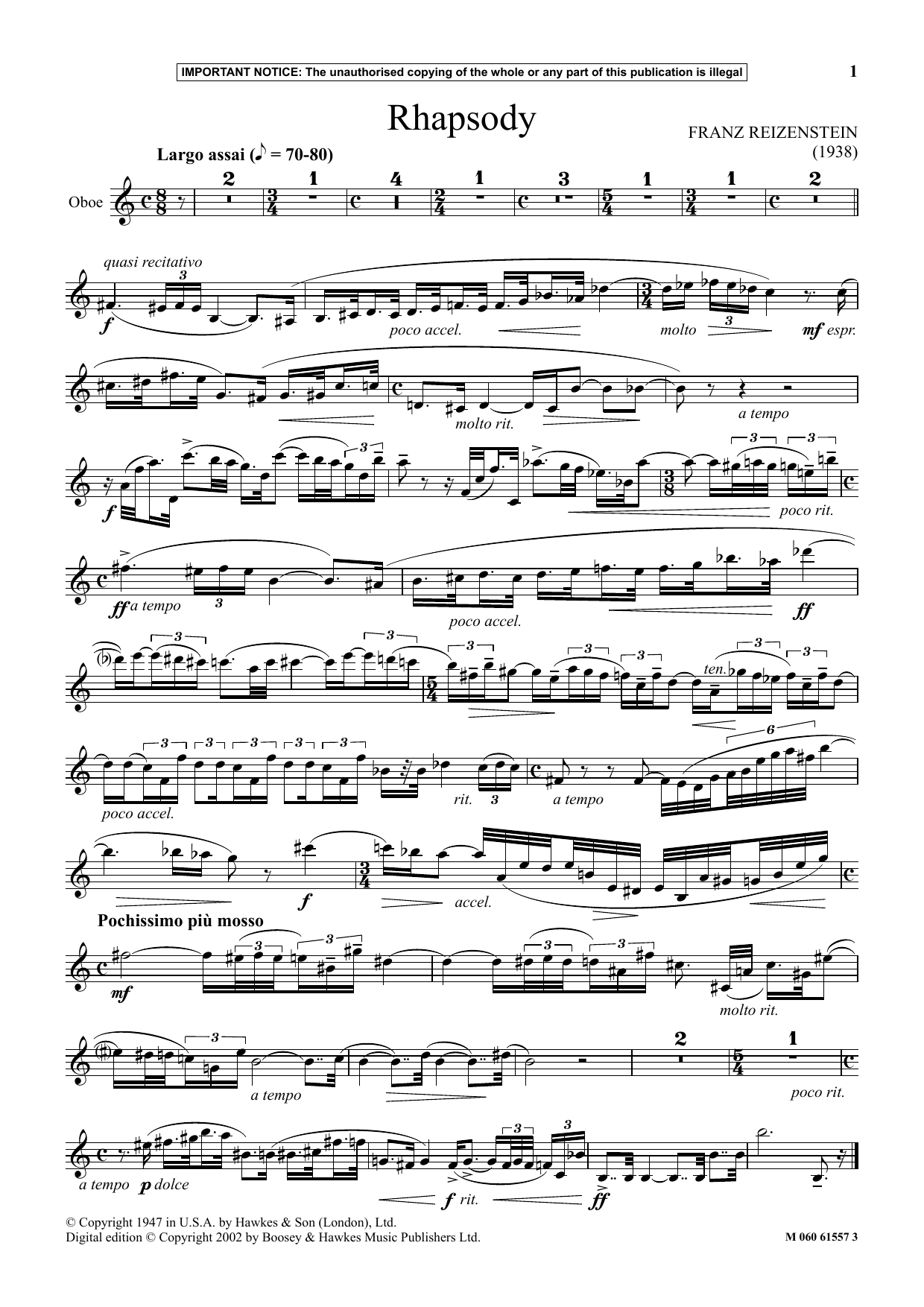 Download Franz Reizenstein Rhapsody Sheet Music and learn how to play Instrumental Solo PDF digital score in minutes