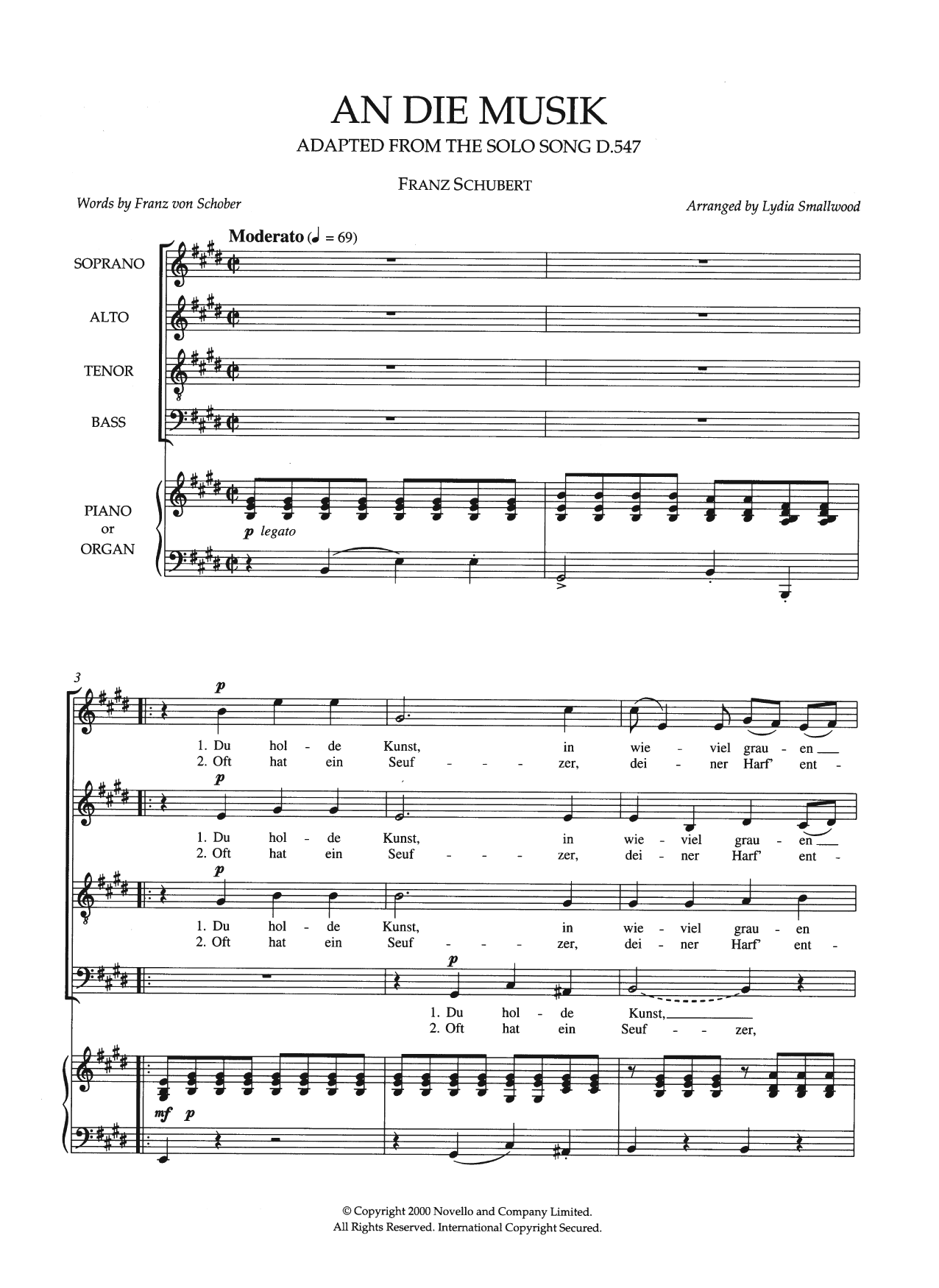 Download Franz Schubert An Die Musik (arr. Lydia Smallwood) Sheet Music and learn how to play SATB Choir PDF digital score in minutes