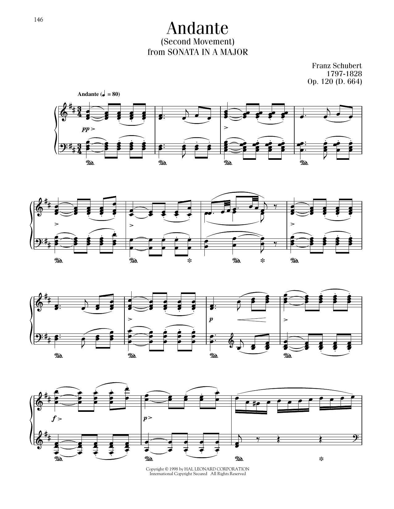 Download Franz Schubert Andante, Op. 120, D. 664, Second Movement Sheet Music and learn how to play Piano Solo PDF digital score in minutes