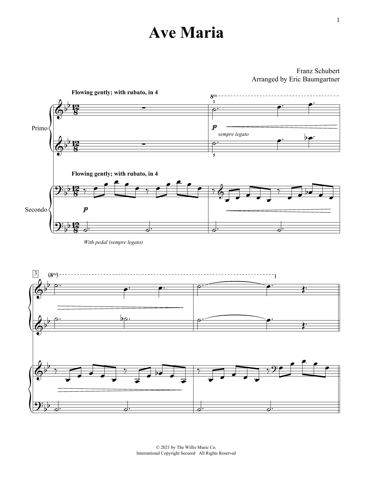 Download Franz Schubert Ave Maria (arr. Eric Baumgartner) Sheet Music and learn how to play Piano Duet PDF digital score in minutes