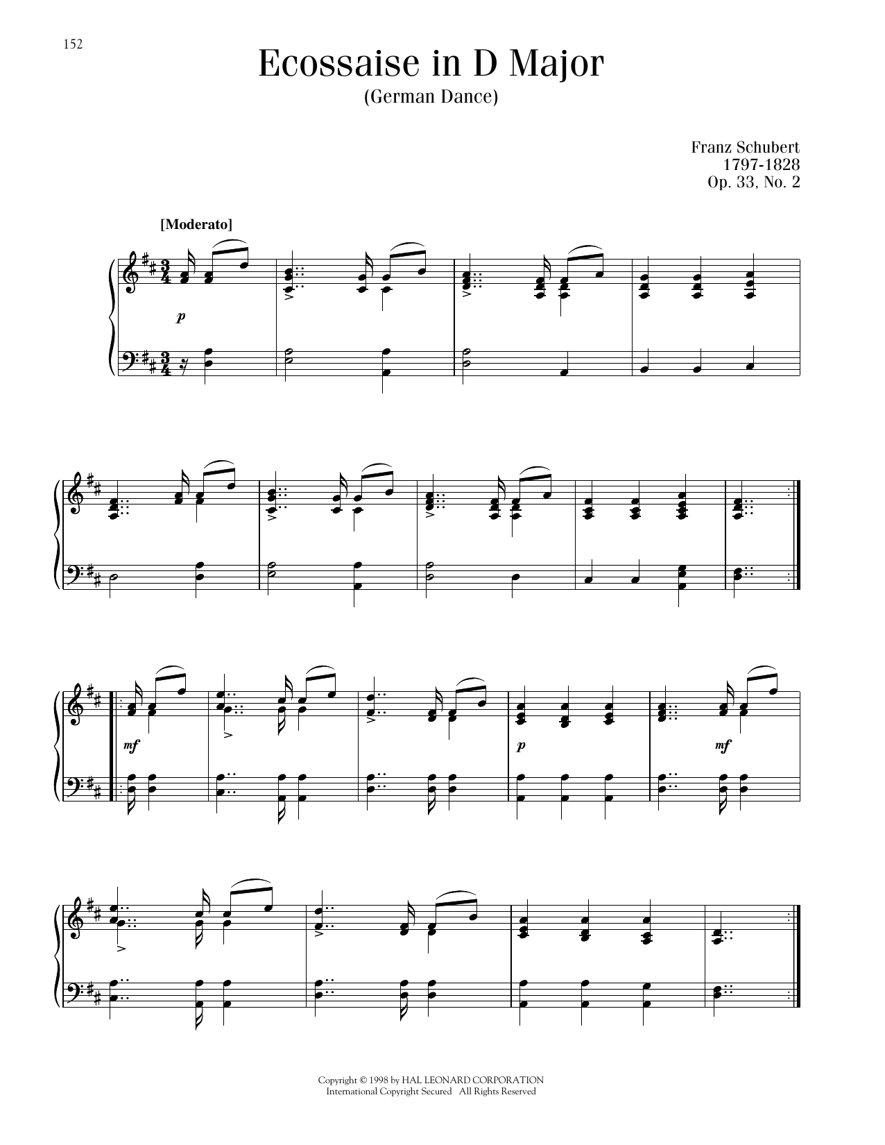 Download Franz Schubert Ecossaise in D Major, Op. 33, No. 2 (German Dance) Sheet Music and learn how to play Piano Solo PDF digital score in minutes