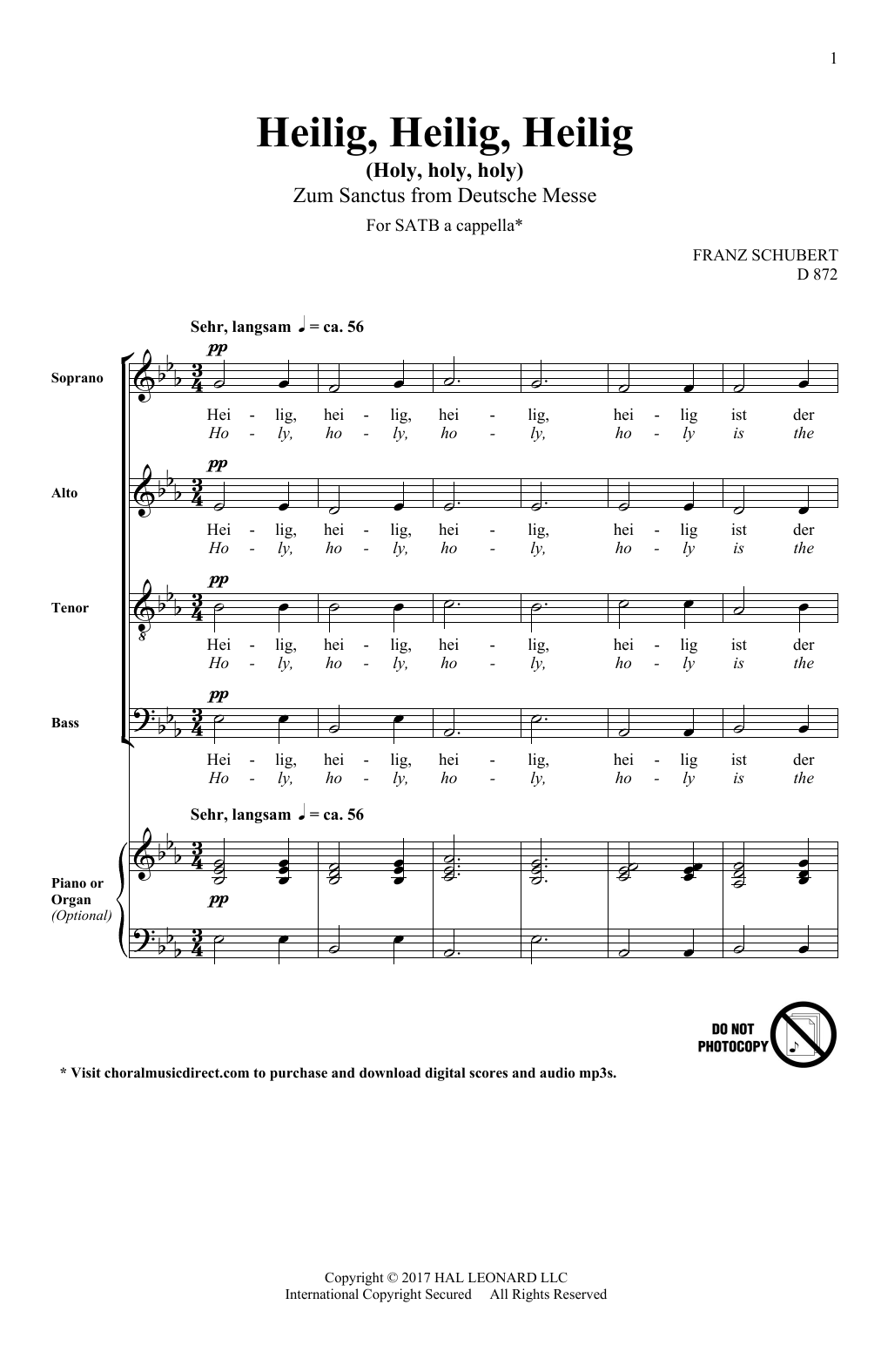 Download Franz Schubert Heilig, Heilig, Heilig (Holy, Holy, Holy) Sheet Music and learn how to play SATB Choir PDF digital score in minutes